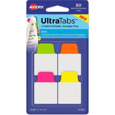 AVERY DENNISON Avery Ultra Tabs Repositionable Tabs, 1in x 1-1/2in, Neon: Green, Orange, Pink, Yellow, 80/Pack 74762